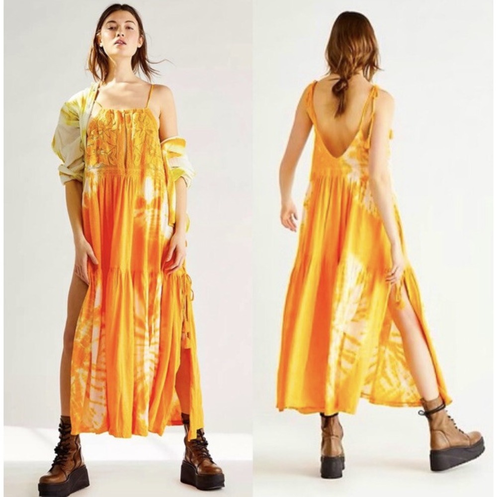 Free People Palm Beach Y2K Maxi Dress Tier Dye Lace Orange White S A006790